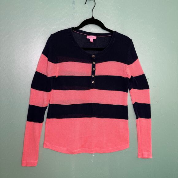 Lilly Pulitzer Sweaters - Lilly Pulitzer Adair Sweater – Size M – Pink Navy Stripe Henley Pullover Knit